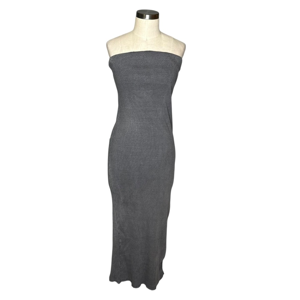 BERSHKA Ribbed Knit‎ Strapless Maxi Dress Charcoal Gray Women's Size Medium NWT